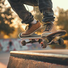 Close-up shot of a skateboarder's feet in casual shoes performing a trick on a skateboard at a skatepark during sunset.