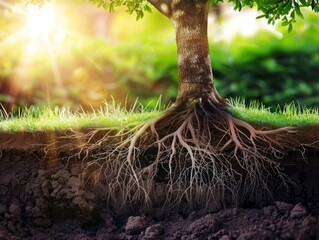 Dramatic view of a tree with a full exposure of its intricate root system in a soil cross-section, highlighted by the sun's rays filtering through the foliage.