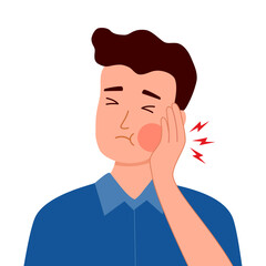 Toothache concept. Man feeling pain, holding his cheek with hand, suffering from bad toothache. Man with painful expression. Caries. Severe tooth pain.