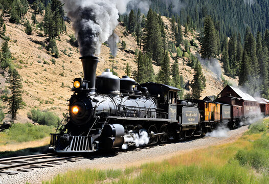 steam train in the forest with train smake