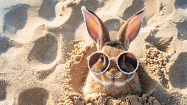 A cute rabbit with large ears and wearing round sunglasses, partially buried in beach sand, with visible footprints around it under a sunny sky.