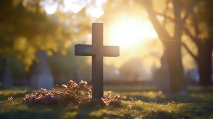 Grave Marker and Cross: Serene Scene in Catholic Cemetery Setting