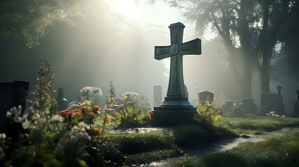 Catholic Cemetery Serenity: Solemn Beauty, Engraved Cross Marker