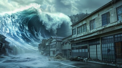 Huge tsunami water big waves on building background - obrazy, fototapety, plakaty