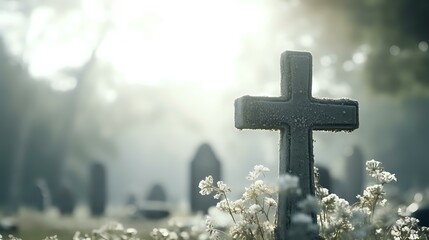 Peaceful Cemetery Setting: Engraved Grave Marker and Cross Amid Catholic Serenity
