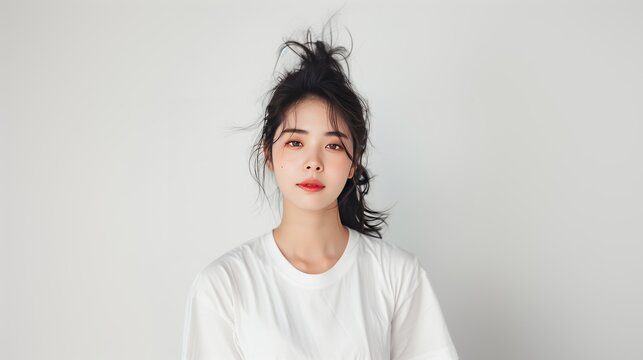Studio shot of beautiful Korean young woman in white t-shirt
