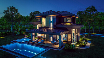 3d rendering of modern two story house with gray and wood accents, large windows, parking space in the right side of the building. Clear summer night with many stars on the sky.