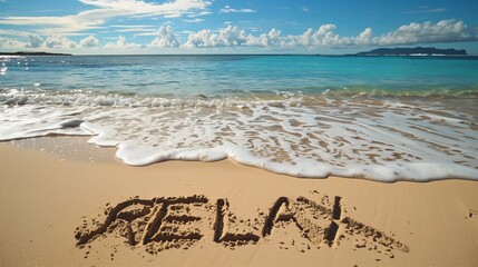 RELAX written on the sand of the sea waves - obrazy, fototapety, plakaty