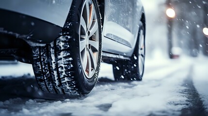 Cold Weather: Close-Up of Car Tires on Snowy Road in Winter