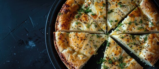 Top view of a kitchen tray filled with slices of Round Borek cheese pie baked with herbs, set against a dark background.