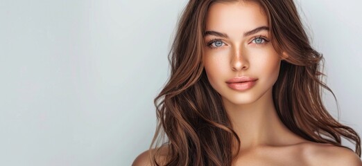 Naklejka premium A beautiful woman with long hair, smooth skin and blue eyes poses for the camera against a white background