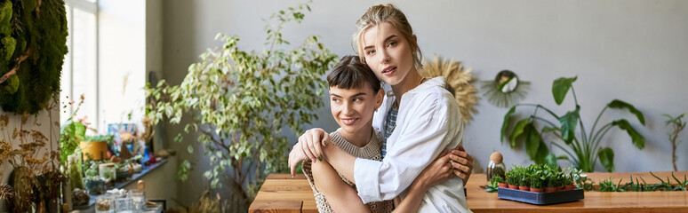 Loving lesbian couple embracing each other tenderly in an art studio.