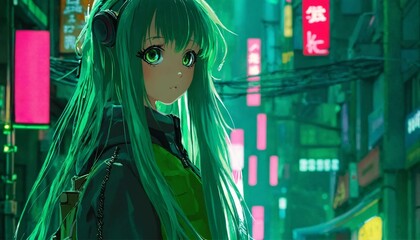 Fototapeta premium anime girl with green hair and eyes in night cyberpunk city