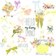 Obraz premium Cartoon Spring Bunnies with Flowers and Bows. Vector Set