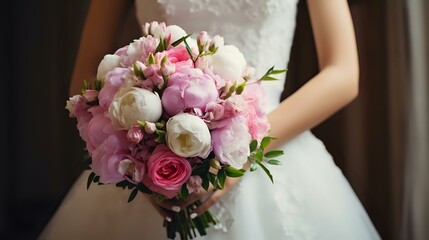 Close-Up Bride: Holding Lovely Wedding Bouquet of Fresh Flowers