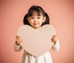 Small Asian girl holding empty paper heart in front of her. Generative AI