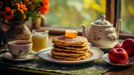 Vintage Charm: Cozy Homemade Breakfast - Pancakes with Apple Sauce