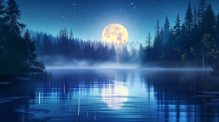 Moonlit lake with forest silhouette and starry night sky.