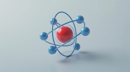 3D render of an atomic model with red nucleus and blue electron orbits.