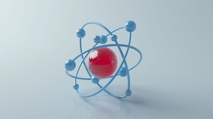3D render of an atomic model with red nucleus and blue electron orbits.