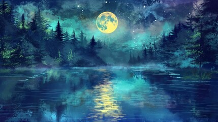 Moonlit lake with forest silhouette and starry night sky.