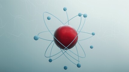 3D render of an atomic model with red nucleus and blue electron orbits.