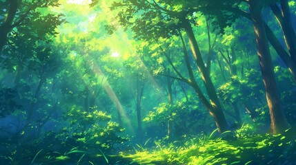 Enchanted forest scene with sunlight filtering through lush green foliage.