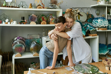 A tender moment shared between two women as they hug in an arty shop.