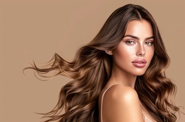 A beautiful woman with long, wavy hair posing for the camera against a beige background, in the style of hair salon concept banner design