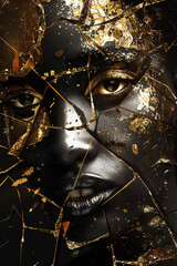  woman's face is made of gold and broken pieces,