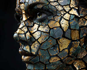  woman's face is made of gold and broken pieces, - obrazy, fototapety, plakaty