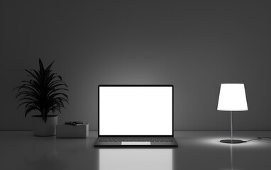 minimalist room with a modern laptop glowing against a white screen