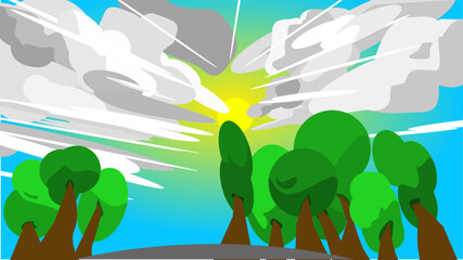 Treetop Tales: Vector Scene of Marshy Sky and Lush Foliage