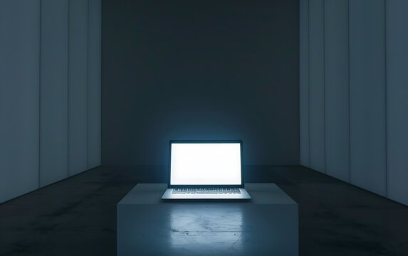 minimalist room with a modern laptop glowing against a white screen