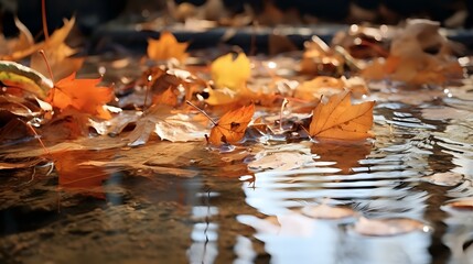 Autumn Eco Podium: Transparent Water and Leaves in Park Puddle