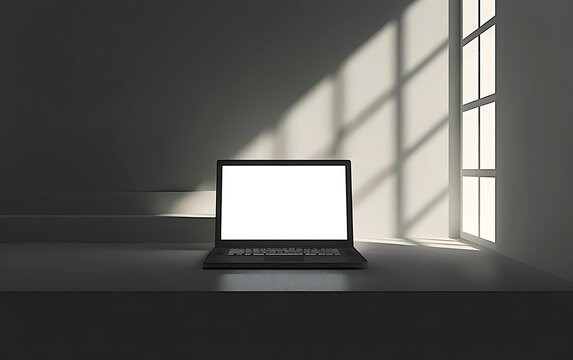 minimalist room with a modern laptop glowing against a white screen