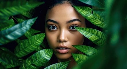Young woman model posing in green jungle leaves. Generative AI