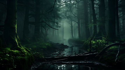 The mystical atmosphere of a deep, dense forest in the early hours of the morning, when fog...