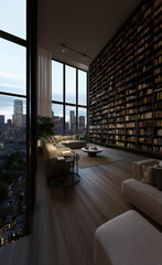 modern apartment open space, with sofa, book table, door to another room, city view from the window