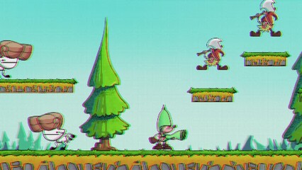 CGI footage of passing old-school platform video game playing for military servant with gun and combatting boss, pixel art interface