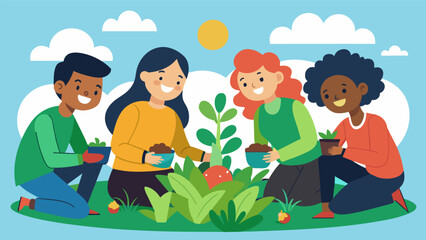 A circle of friends laughing and chatting as they plant freedom seeds in a local school garden envisioning a brighter future for generations to come.. Vector illustration