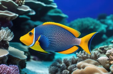 A colored clown fish swims among the corals