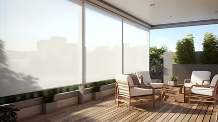 Modern Exterior Terrace: Stylish Roller Blind Enhances Home Security
