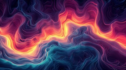 Energetic abstract background with swirling psychedelic patterns in fiery reds and cool blues, perfect for artistic projects and modern designs