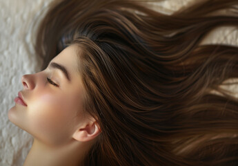 A closeup of a beautiful woman with long shiny hair of a healthy and smooth texture, in a hair salon background