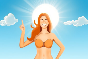 Woman in bra with morning sun, lifting finger as a guide.