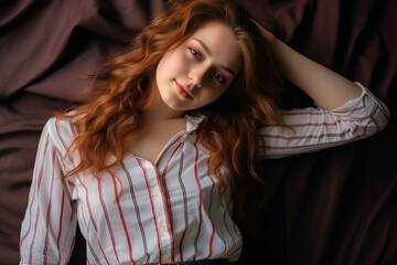 Fototapeta premium Seductive redhead woman in striped shirt, hand on head.
