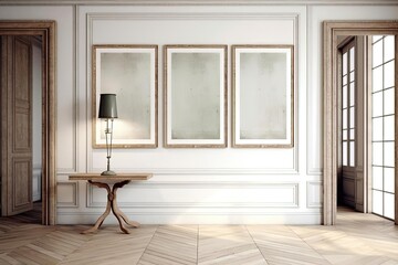 Minimalist French Interior Design: Wooden Table, Classical Lighting, and Intricate Frames