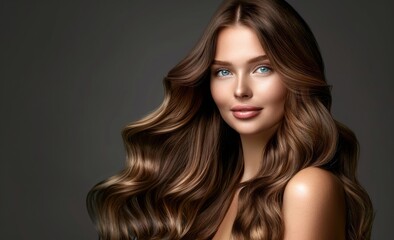 Fototapeta premium A beautiful woman with long, wavy hair styled in loose waves and soft curls posing for an advertisement of shampoo or conditioner product