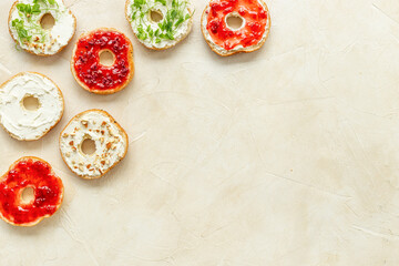 Fresh baked bagels - food pattern. Healthy breakfast concept
